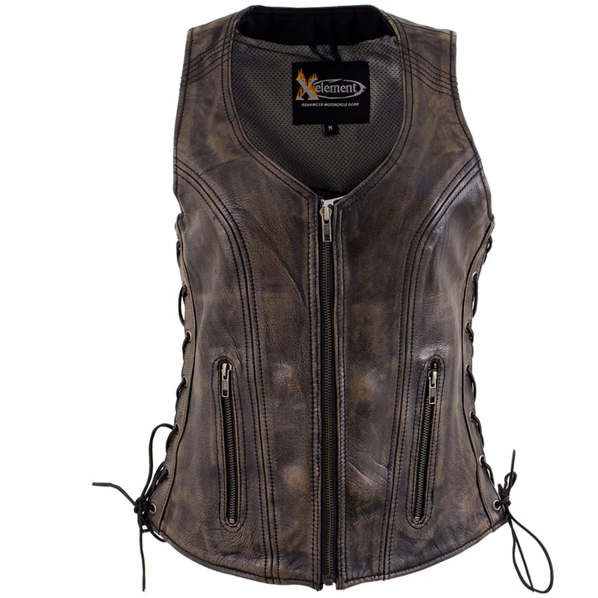 Xelement XS3900 Women's 'Bella' Distressed Brown Leather Motorcycle Biker Rider Vest with Side Laces