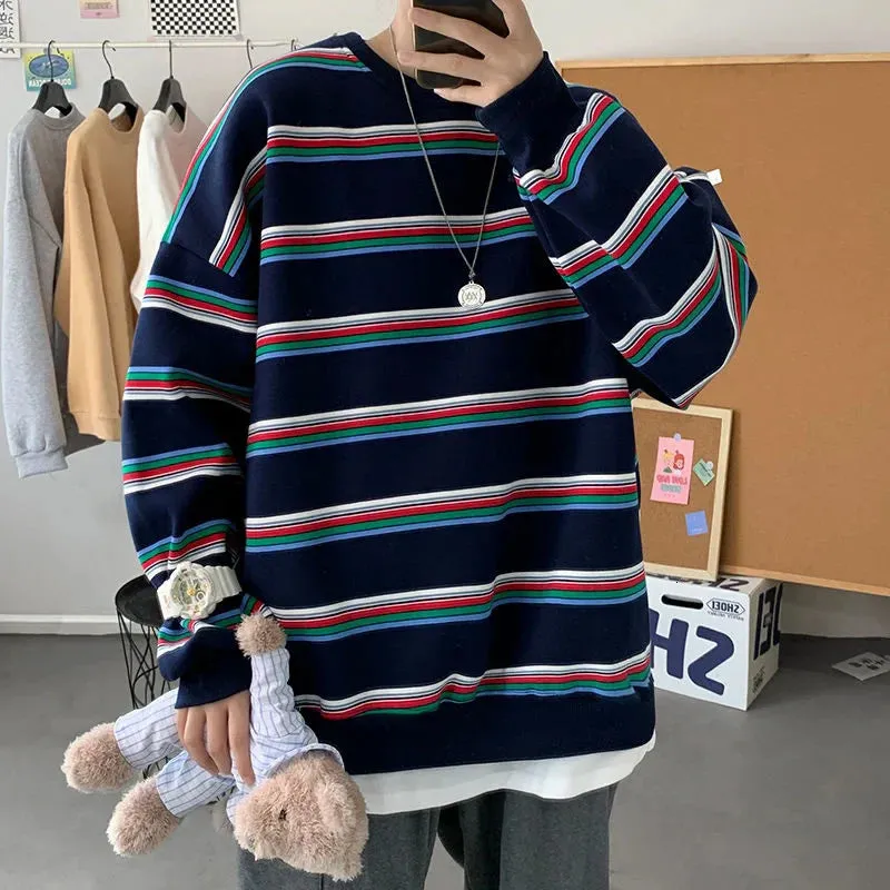 xiangtuibao -  Men's Striped Printing Loose Youth Pullover Fashion 3d Print Hoodies Cotton Casual Coats Streetwear Hip Hop Sweatshirts