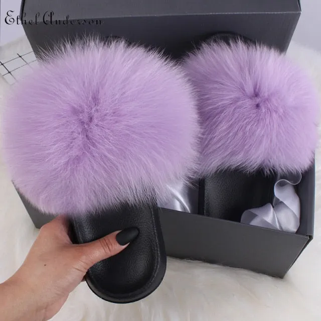 xiangtuibao Real Fox Raccoon Fur Slippers for Women Fur Slides Flip Flops Beach Plush Fluffy Furry Designer Slippers Sandal