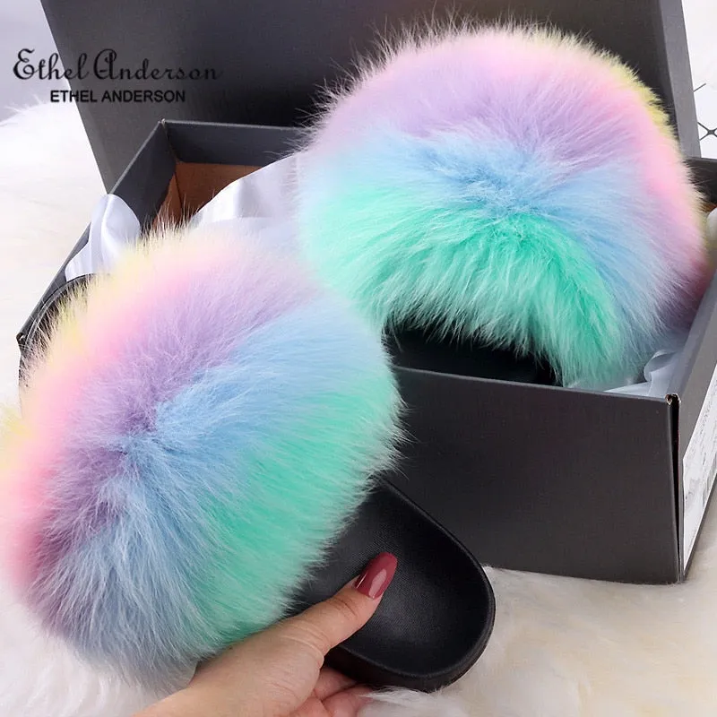 xiangtuibao Real Fox Raccoon Fur Slippers for Women Fur Slides Flip Flops Beach Plush Fluffy Furry Designer Slippers Sandal