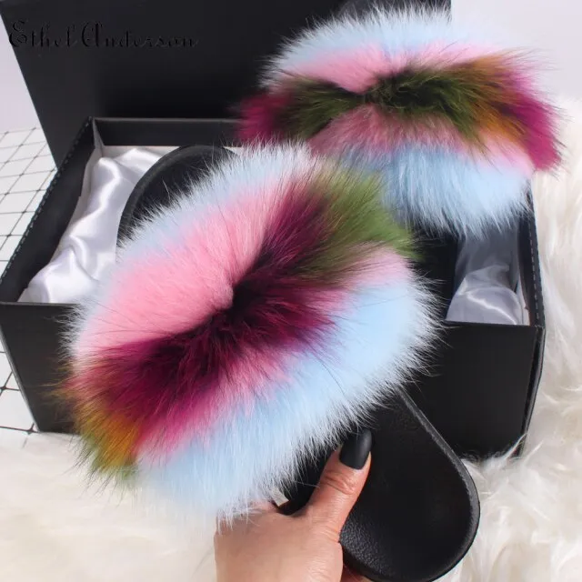 xiangtuibao Real Fox Raccoon Fur Slippers for Women Fur Slides Flip Flops Beach Plush Fluffy Furry Designer Slippers Sandal