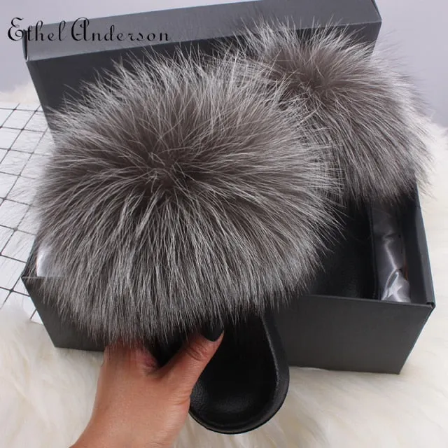 xiangtuibao Real Fox Raccoon Fur Slippers for Women Fur Slides Flip Flops Beach Plush Fluffy Furry Designer Slippers Sandal