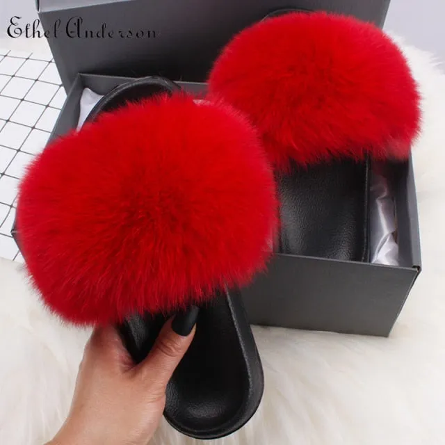 xiangtuibao Real Fox Raccoon Fur Slippers for Women Fur Slides Flip Flops Beach Plush Fluffy Furry Designer Slippers Sandal