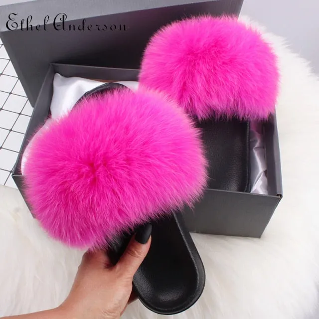 xiangtuibao Real Fox Raccoon Fur Slippers for Women Fur Slides Flip Flops Beach Plush Fluffy Furry Designer Slippers Sandal