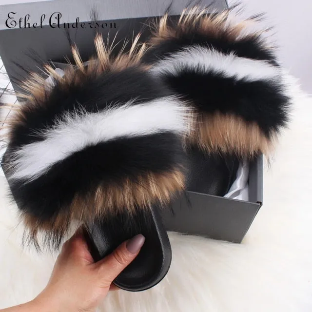 xiangtuibao Real Fox Raccoon Fur Slippers for Women Fur Slides Flip Flops Beach Plush Fluffy Furry Designer Slippers Sandal