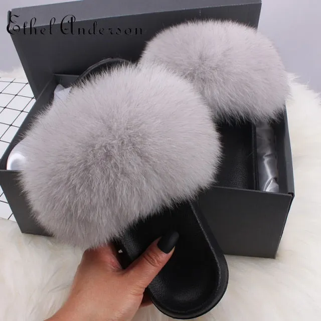 xiangtuibao Real Fox Raccoon Fur Slippers for Women Fur Slides Flip Flops Beach Plush Fluffy Furry Designer Slippers Sandal