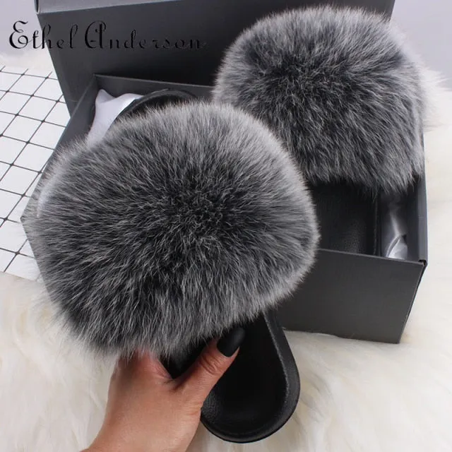 xiangtuibao Real Fox Raccoon Fur Slippers for Women Fur Slides Flip Flops Beach Plush Fluffy Furry Designer Slippers Sandal