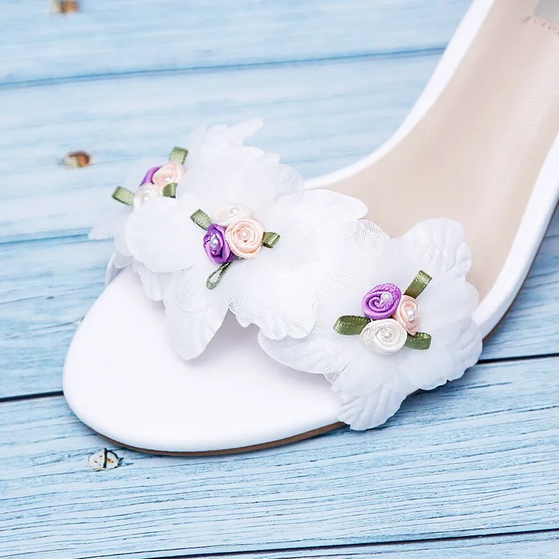 xiangtuibao Sweet Open Toe Women's Sandals with One Line Buckle Hollow White Chiffon Flowers Adult Gift Fairy Women's Shoes Bridesmaid Shoes