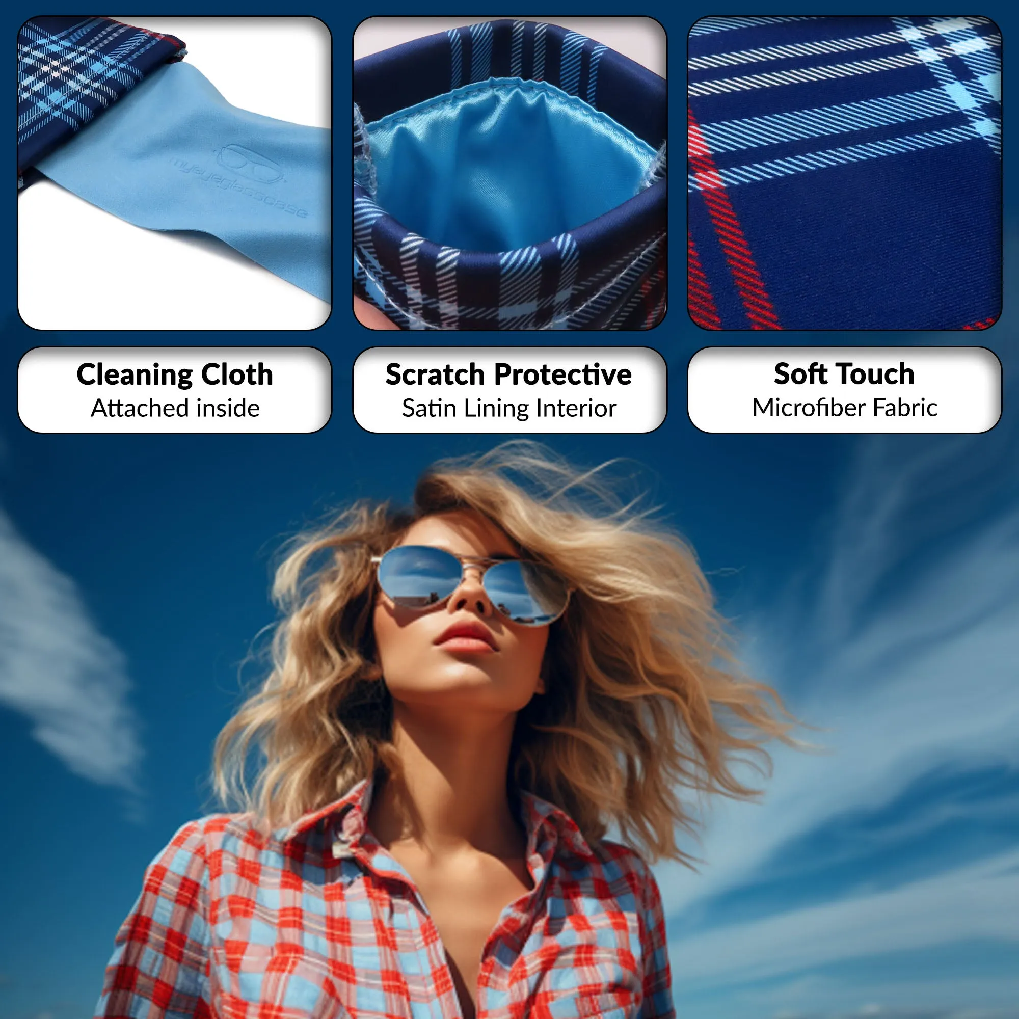 XL Soft Sunglasses Case in Plaid Microfiber print - Eyeglass Pouch Squeeze Top - Glasses Case w/ Cloth - Smart Phone Case (CT8 PLAID)