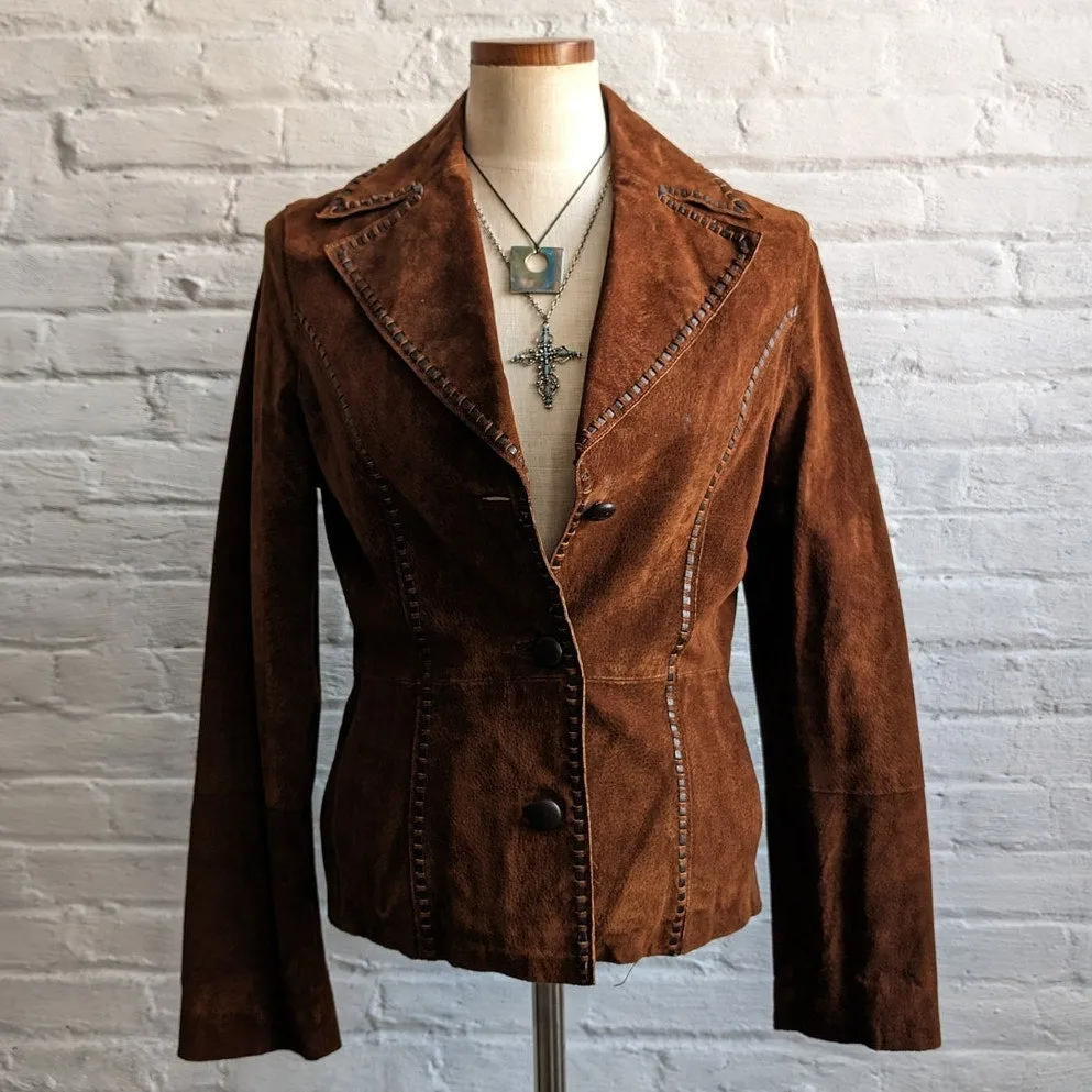 Y2K Brown Suede Leather Jacket Boho Western Minimalist Rust Biker Cowgirl Blazer