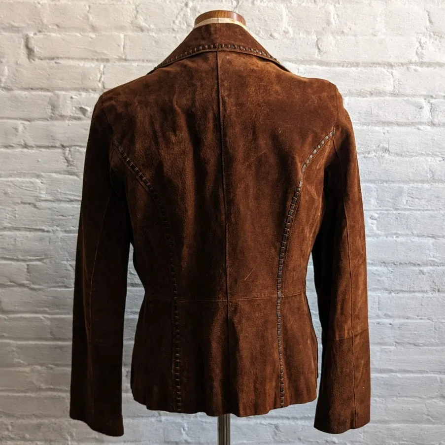 Y2K Brown Suede Leather Jacket Boho Western Minimalist Rust Biker Cowgirl Blazer