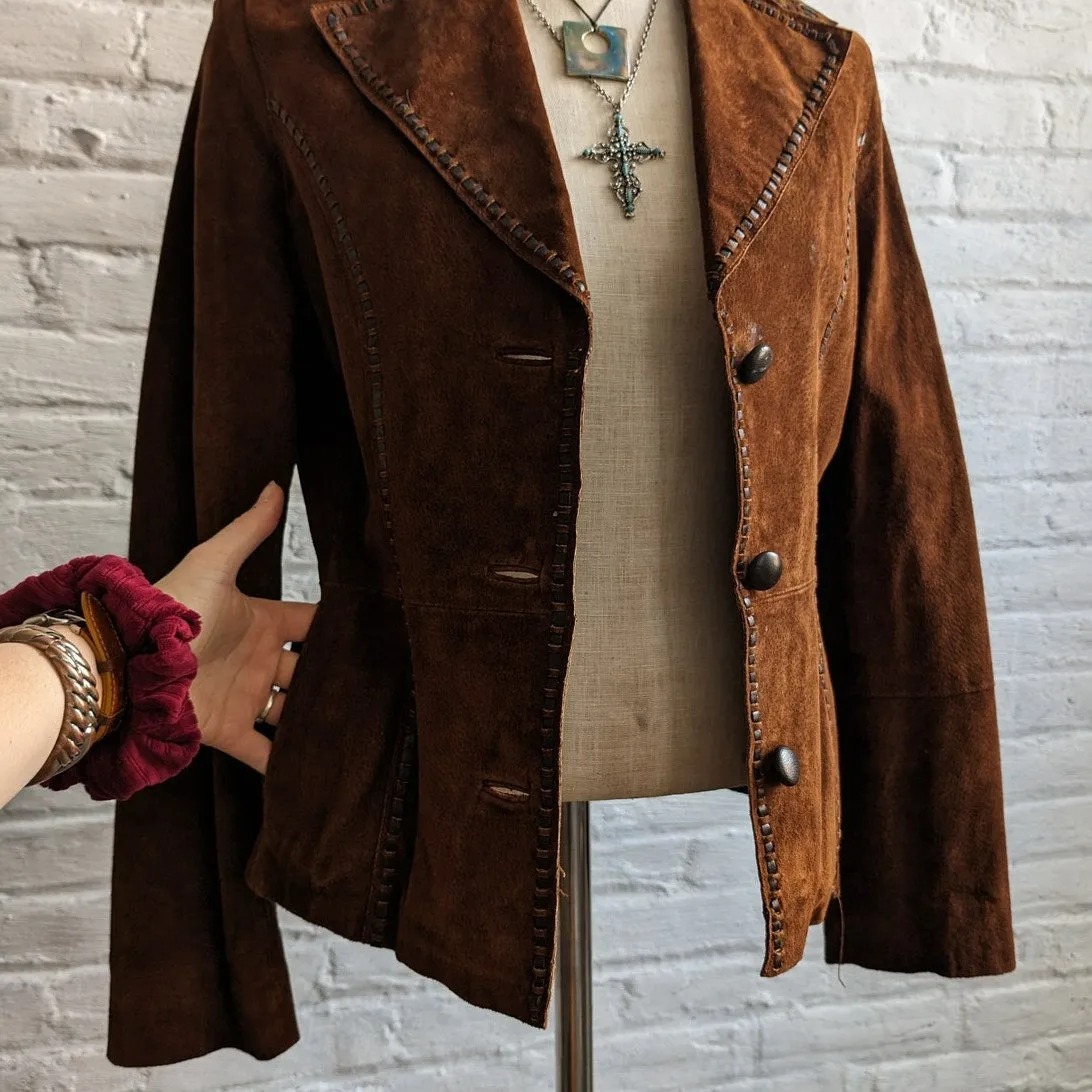 Y2K Brown Suede Leather Jacket Boho Western Minimalist Rust Biker Cowgirl Blazer