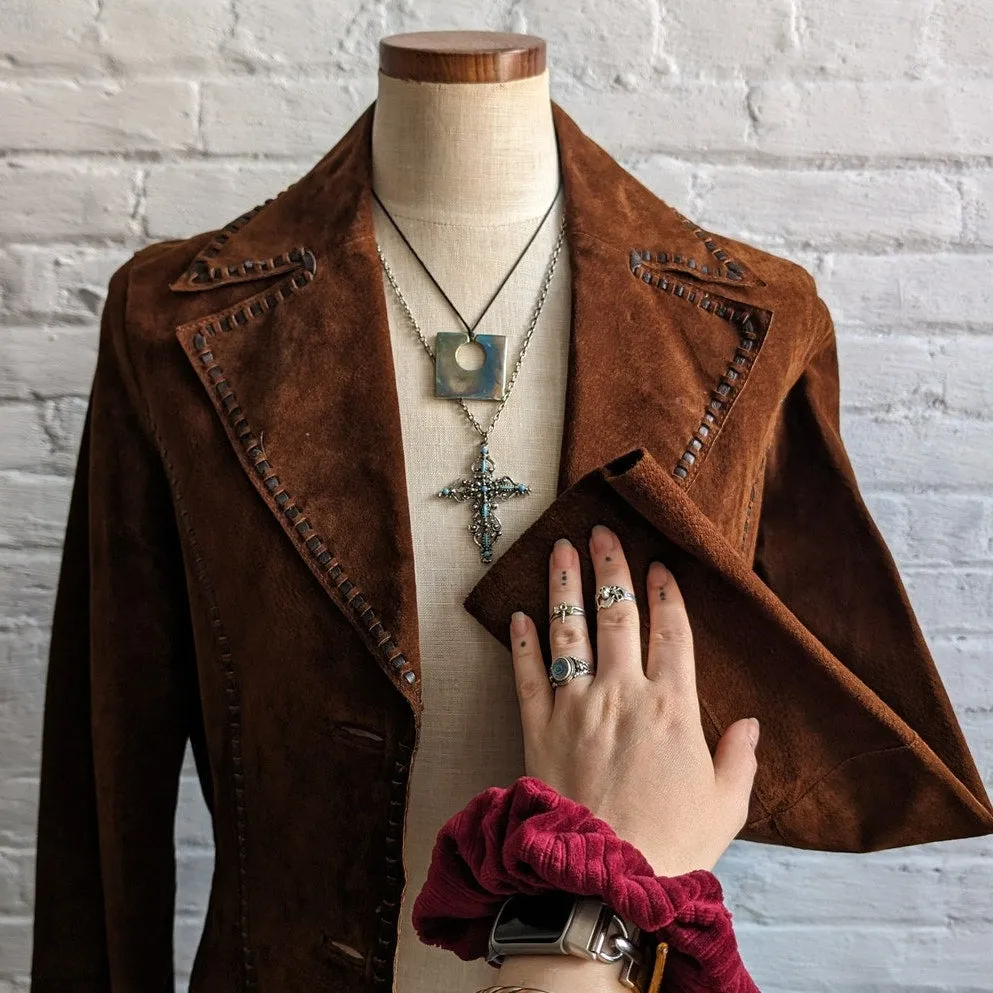 Y2K Brown Suede Leather Jacket Boho Western Minimalist Rust Biker Cowgirl Blazer