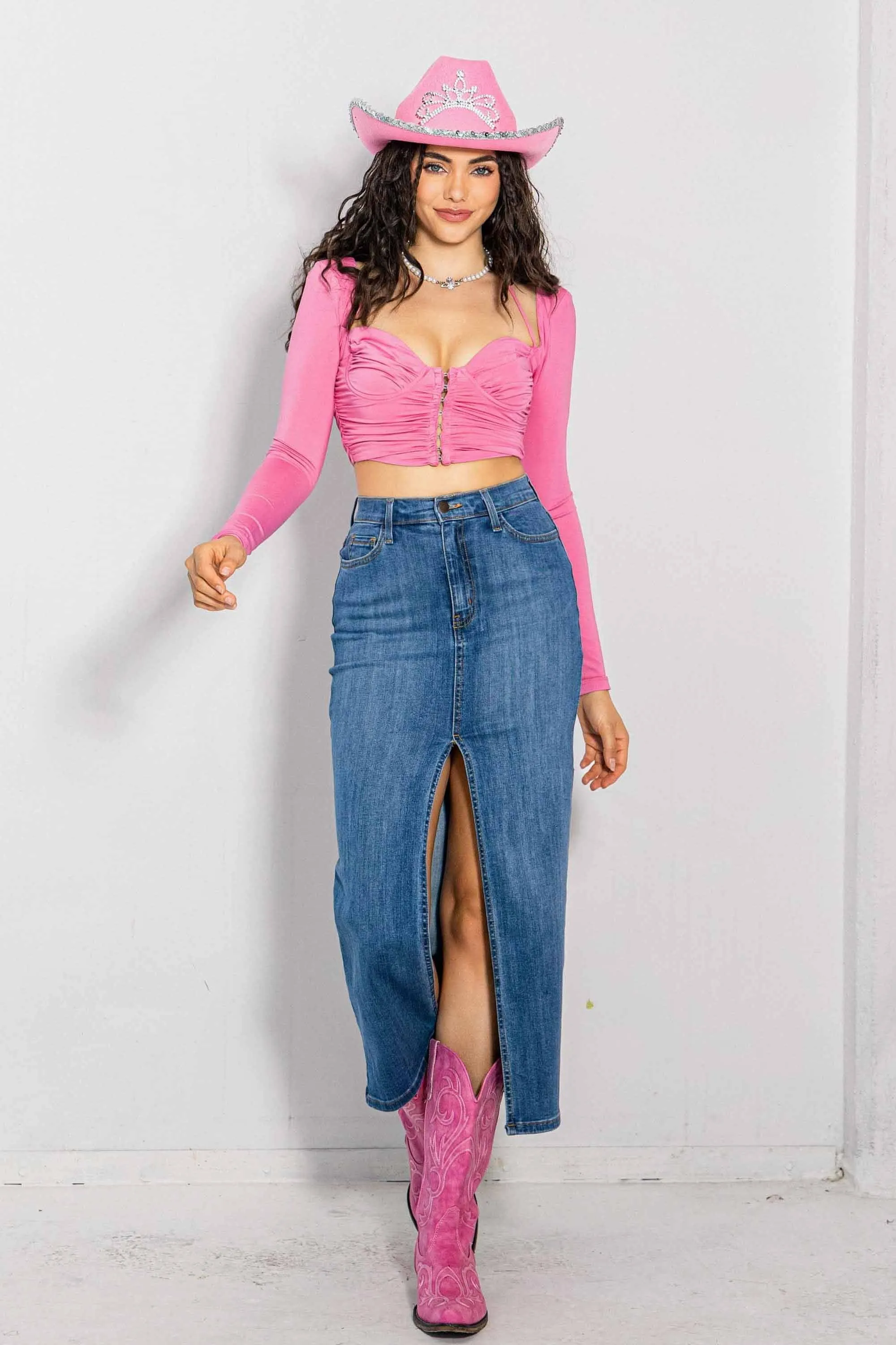 Y2K Front Slit Column Denim Skirt