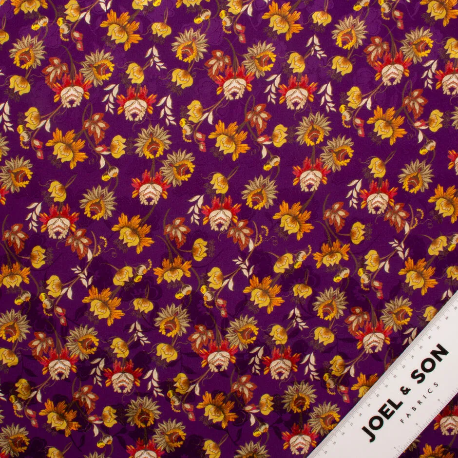 Yellow & Burnt Orange Floral Printed Purple Silk Jacquard