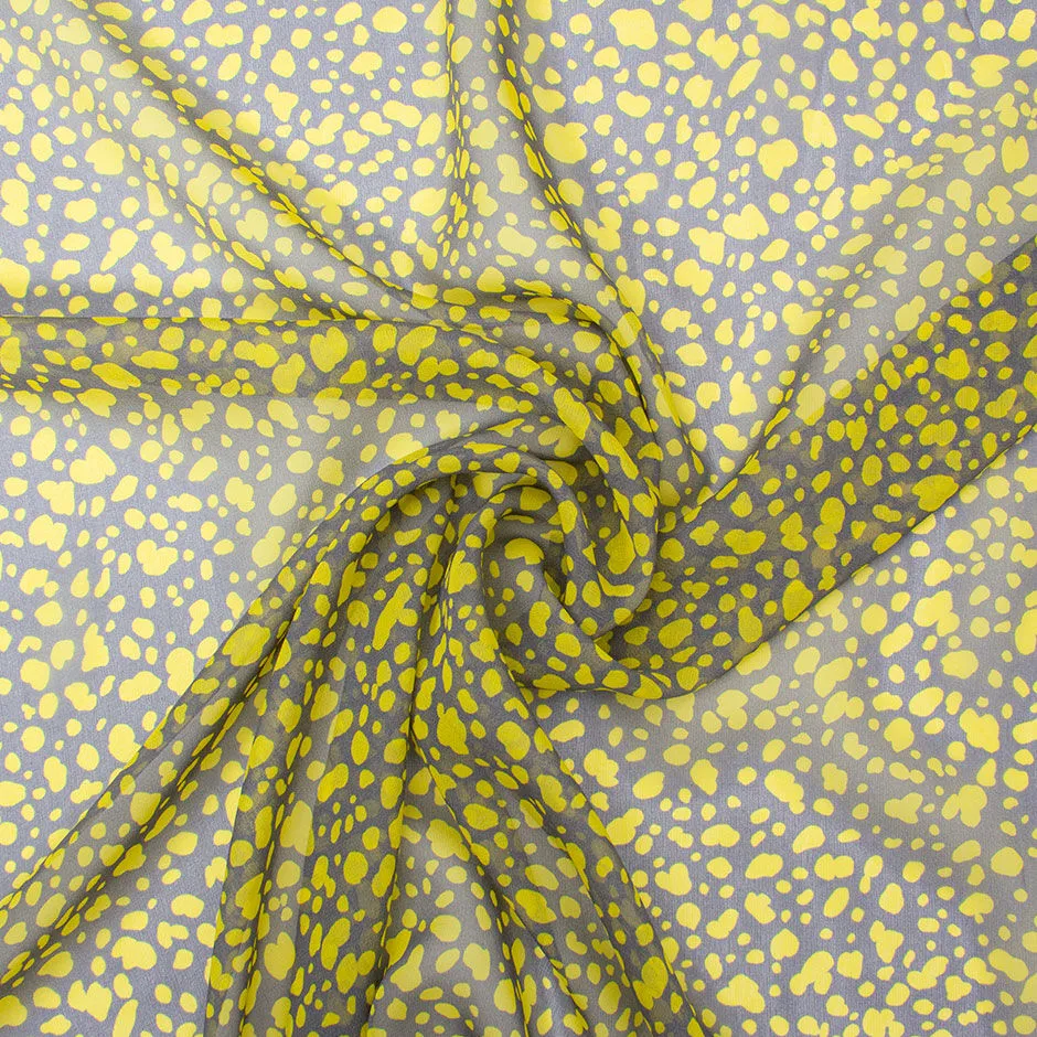 Yellow & Grey Animal Printed Pure Silk Georgette