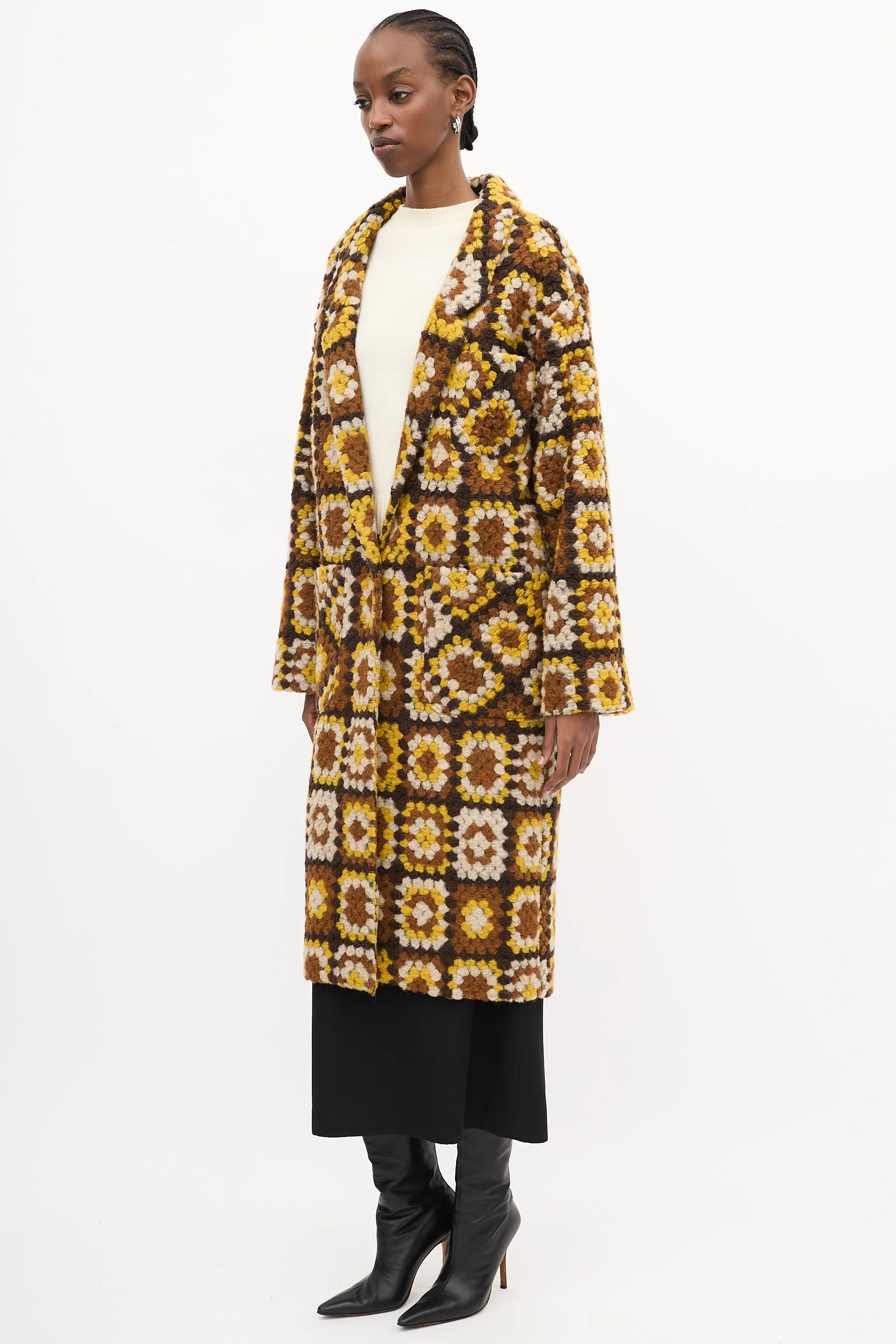 Yellow & Multi Wool Crochet Square Coat