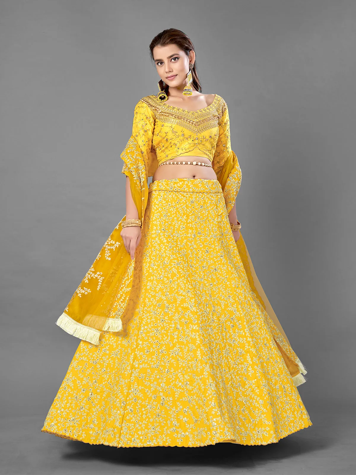 Yellow Art Silk Embroidered Semi Stitched Lehenga With Unstitched Blouse