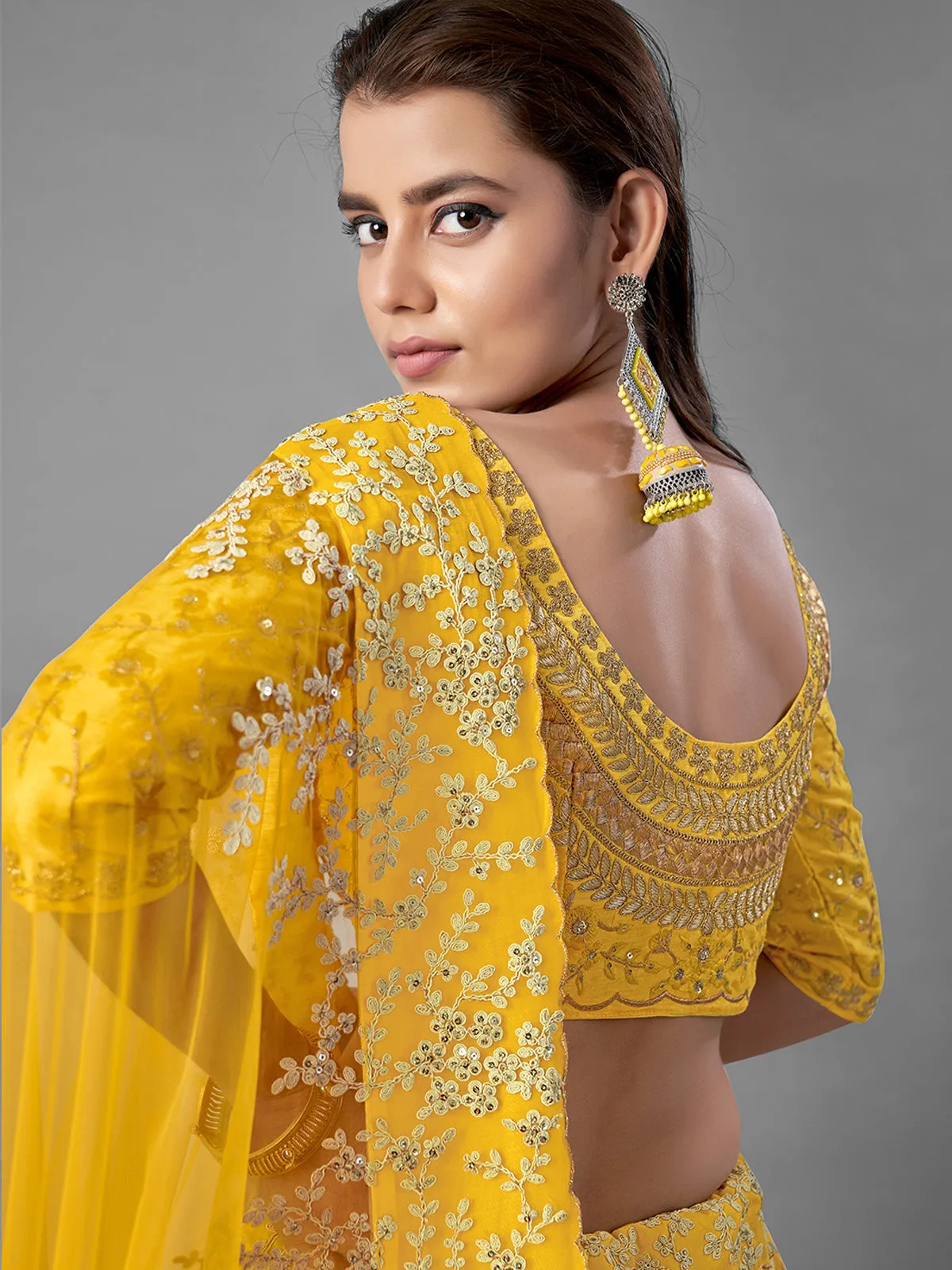 Yellow Art Silk Embroidered Semi Stitched Lehenga With Unstitched Blouse