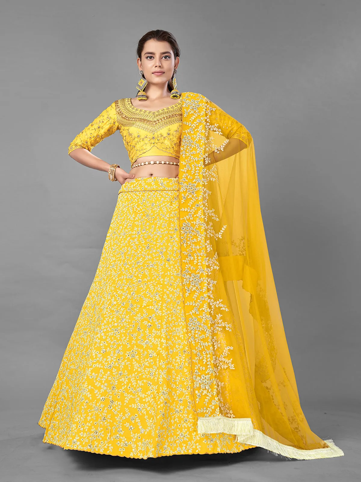 Yellow Art Silk Embroidered Semi Stitched Lehenga With Unstitched Blouse