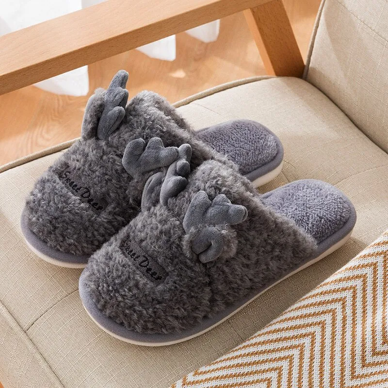 Yellow Cute Deer Women's Fur Slippers Indoor Room Plush Slippers Couple Warm Fleece Women Soft Home Slippers zapatillas invierno