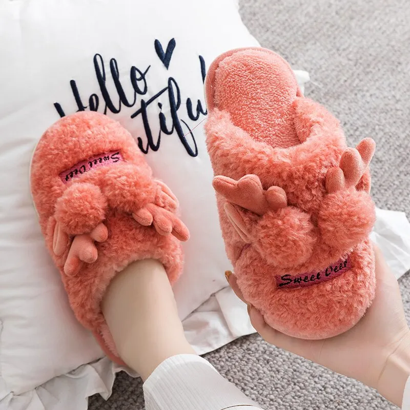 Yellow Cute Deer Women's Fur Slippers Indoor Room Plush Slippers Couple Warm Fleece Women Soft Home Slippers zapatillas invierno