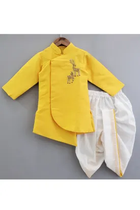 Yellow Deer Embroidered Motif Work Kurta With Dhoti Set