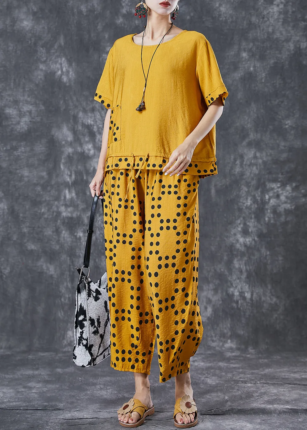 Yellow Dot Cotton Two Piece Suit Set Drawstring Pocket Summer