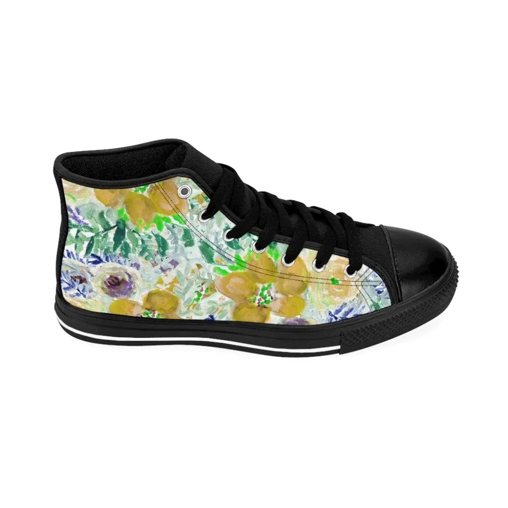 Yellow Floral Women's Sneakers, Flower Print Designer High-top Sneakers Tennis Shoes (US Size: 6-12)