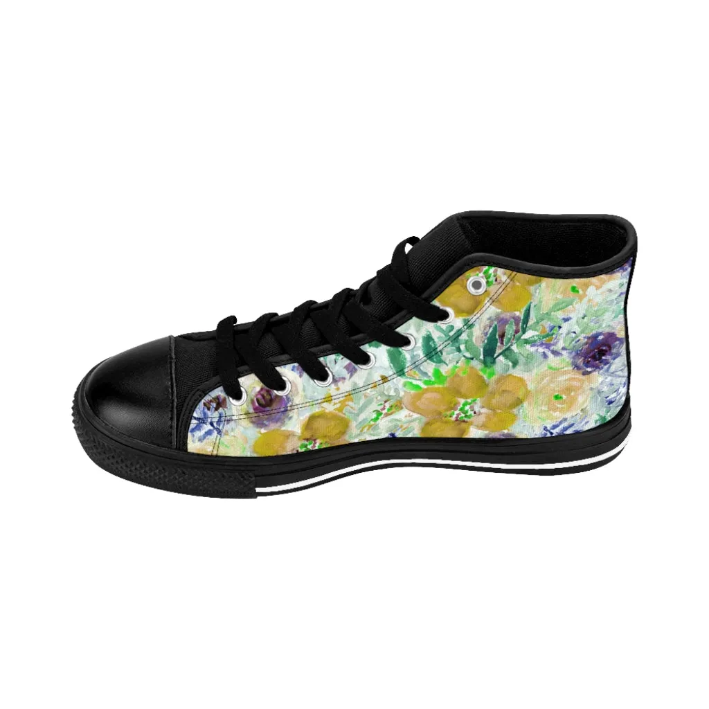 Yellow Floral Women's Sneakers, Flower Print Designer High-top Sneakers Tennis Shoes (US Size: 6-12)