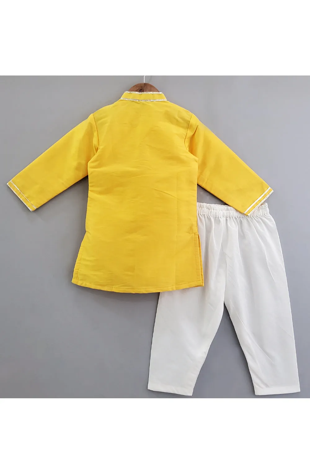 Yellow Lace Work Art Raw Silk Kurta And Pyjama