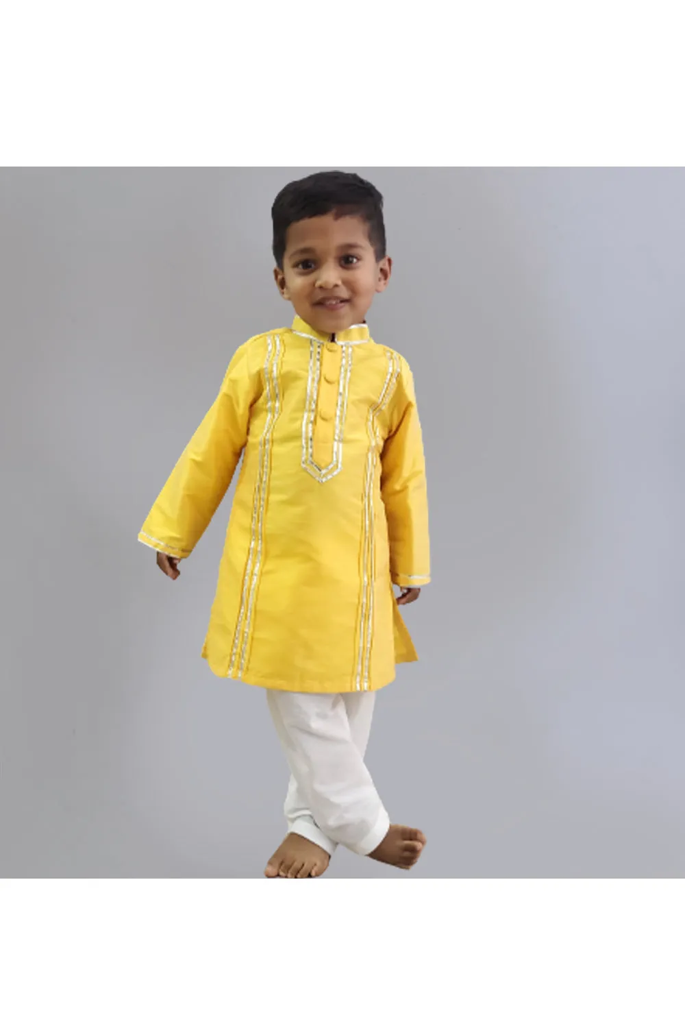 Yellow Lace Work Art Raw Silk Kurta And Pyjama