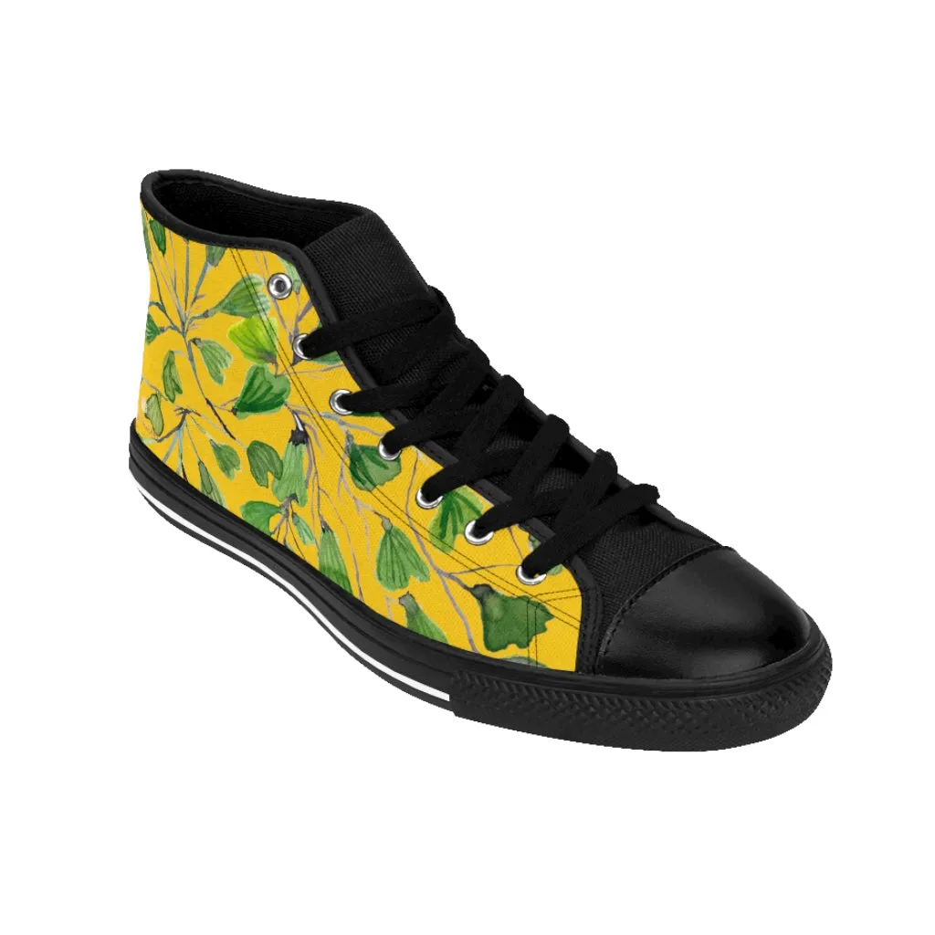 Yellow Maidenhair Men's Tennis Shoes, Tropical Print Designer Best High-top Sneakers For Men