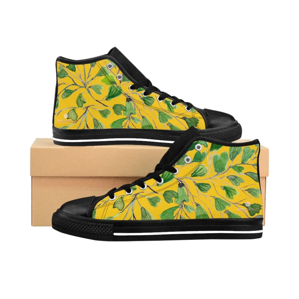 Yellow Maidenhair Men's Tennis Shoes, Tropical Print Designer Best High-top Sneakers For Men