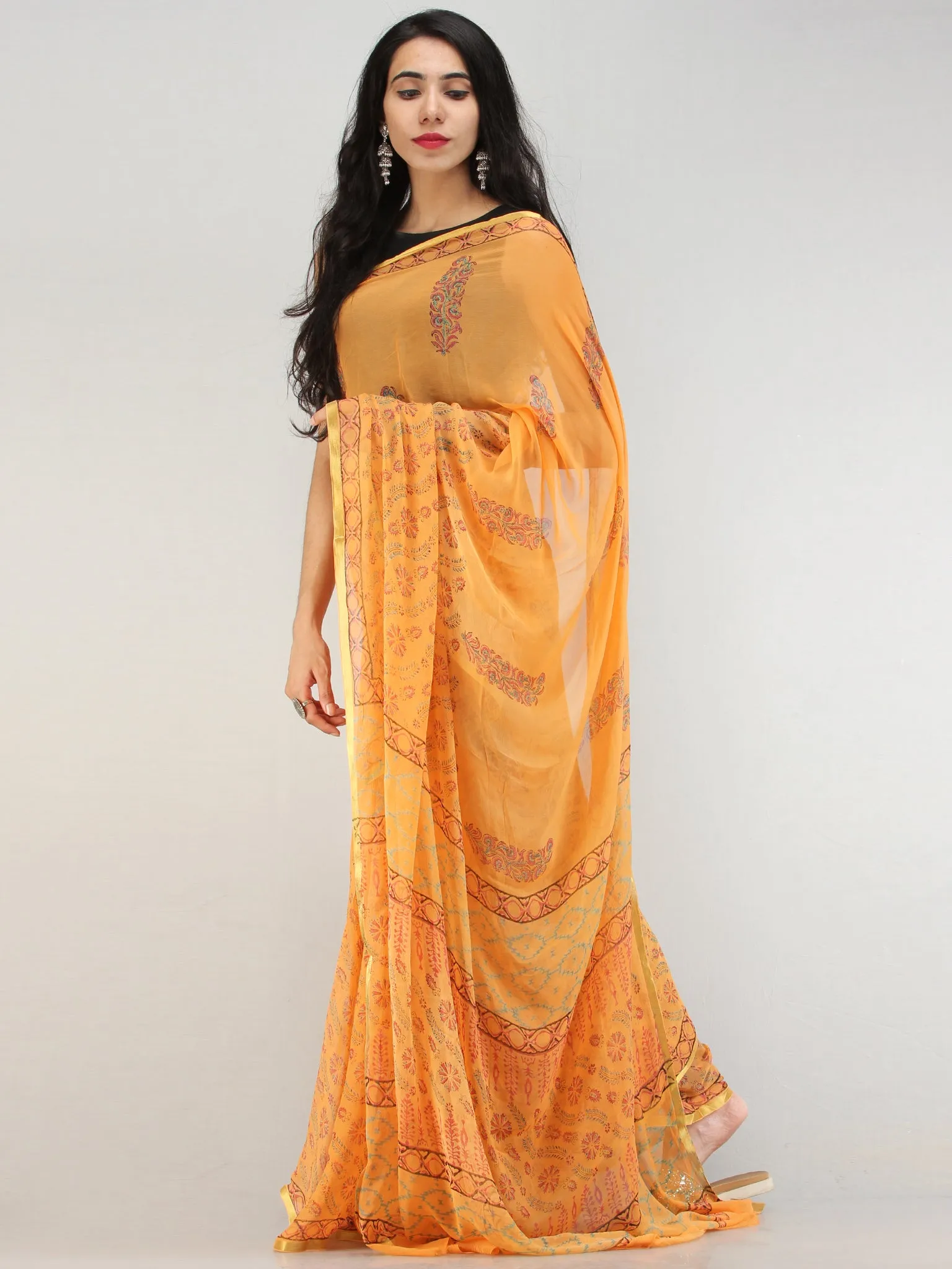 Yellow Red Hand Block Printed Chiffon Saree with Zari Border - S031704565