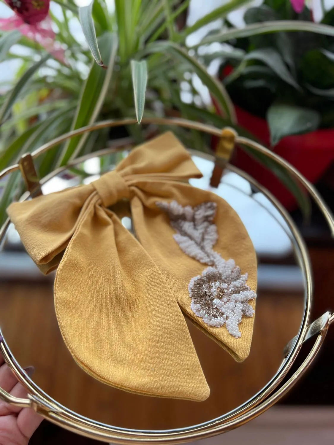 Yellow Sequin and beads embroidery hair bow