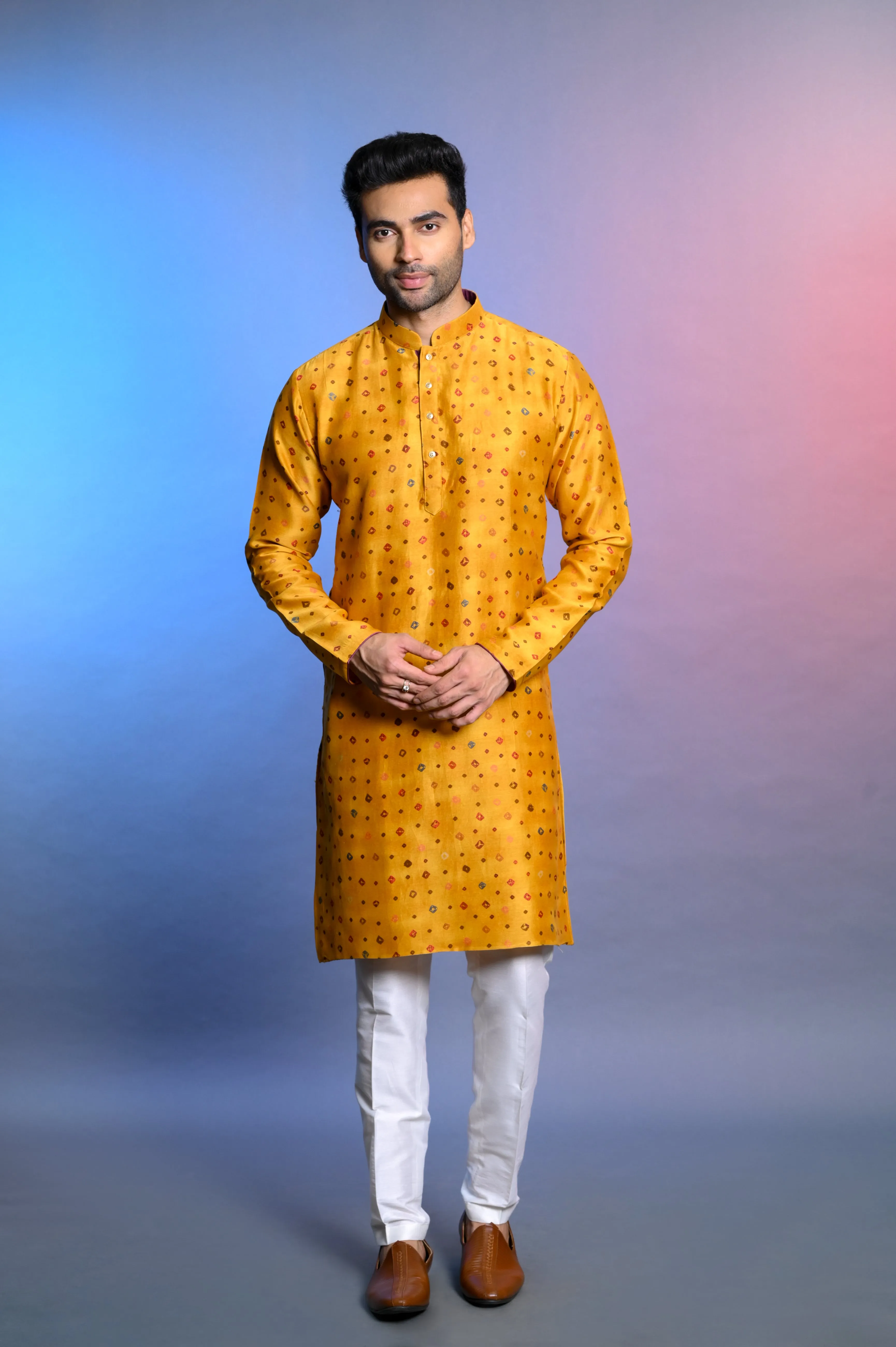 Yellow Silk Kurta Set WIth Printed Fabric