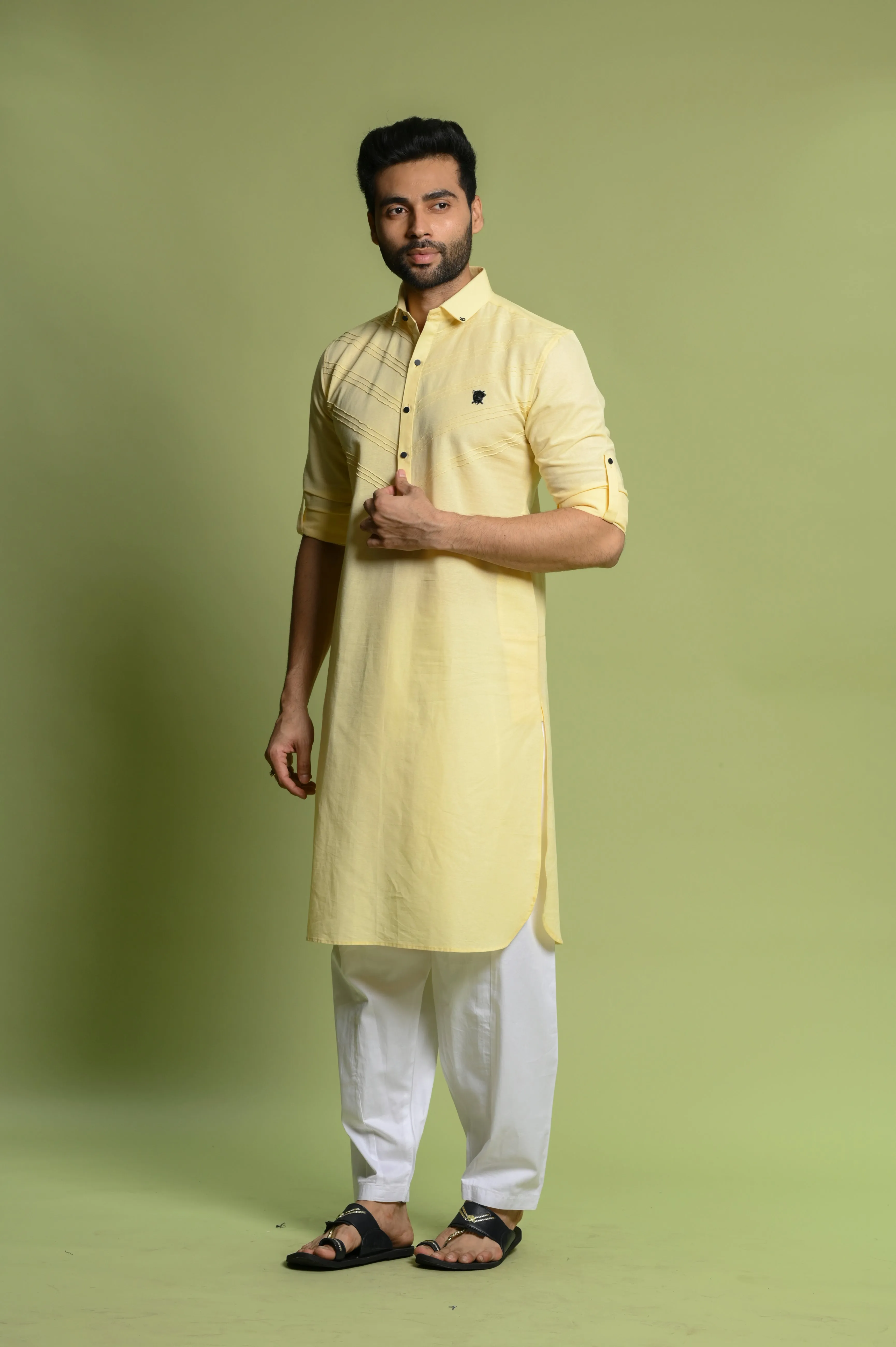 Yellow Slim Fit Men's Pathani Set in Cotton