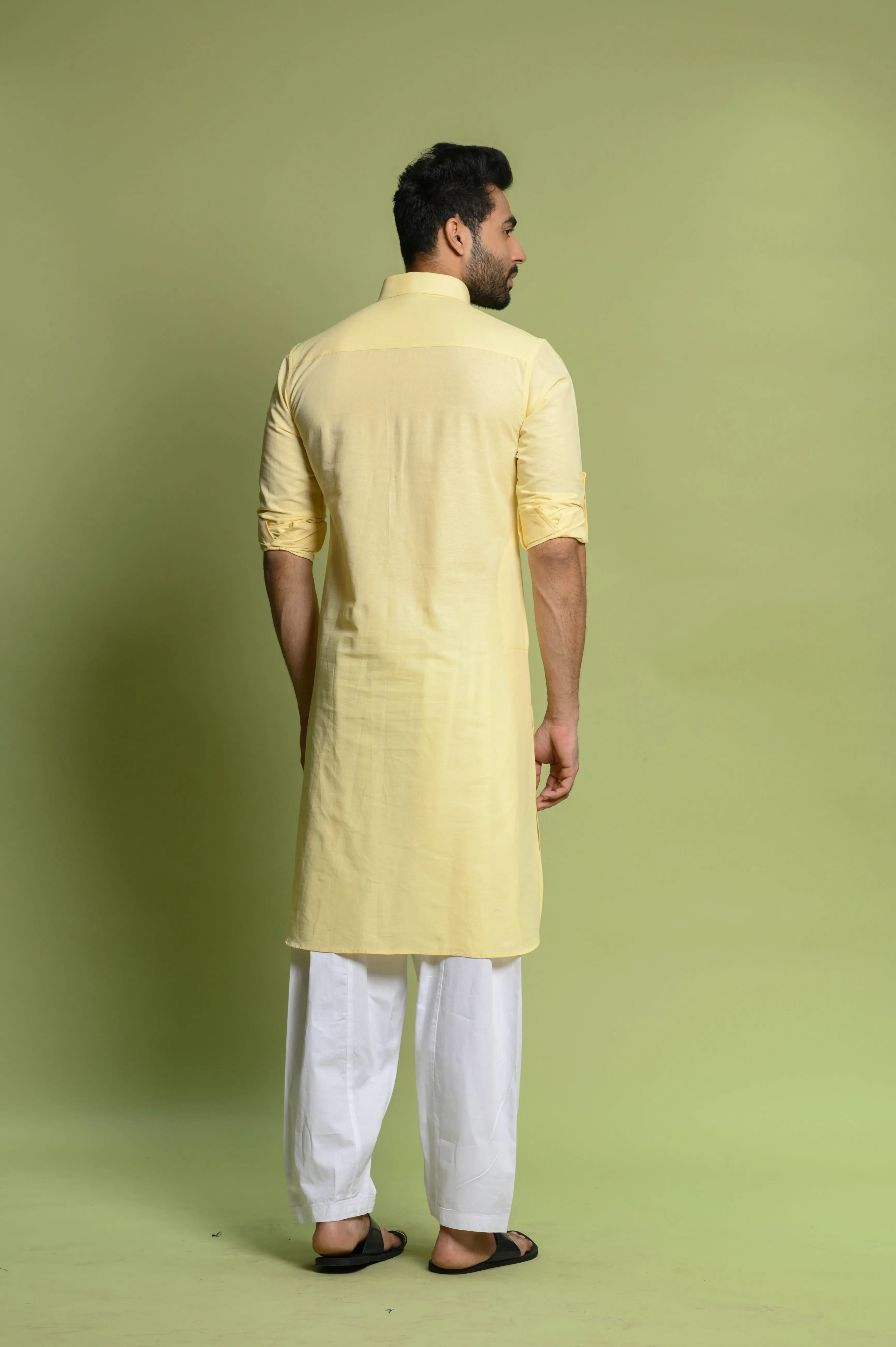 Yellow Slim Fit Men's Pathani Set in Cotton