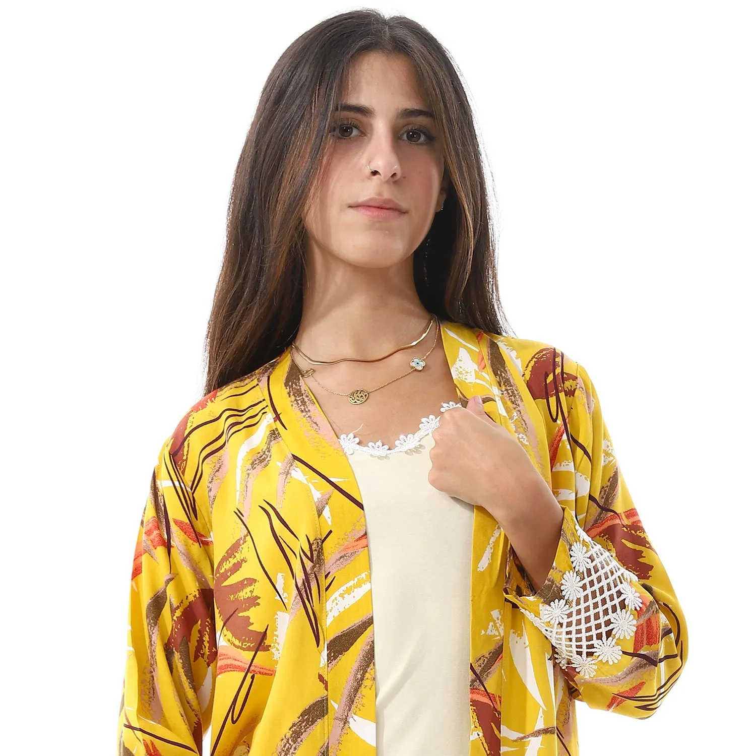 Yellow Solid Short Nightgown & Colorful Floral Robe Set