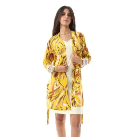 Yellow Solid Short Nightgown & Colorful Floral Robe Set