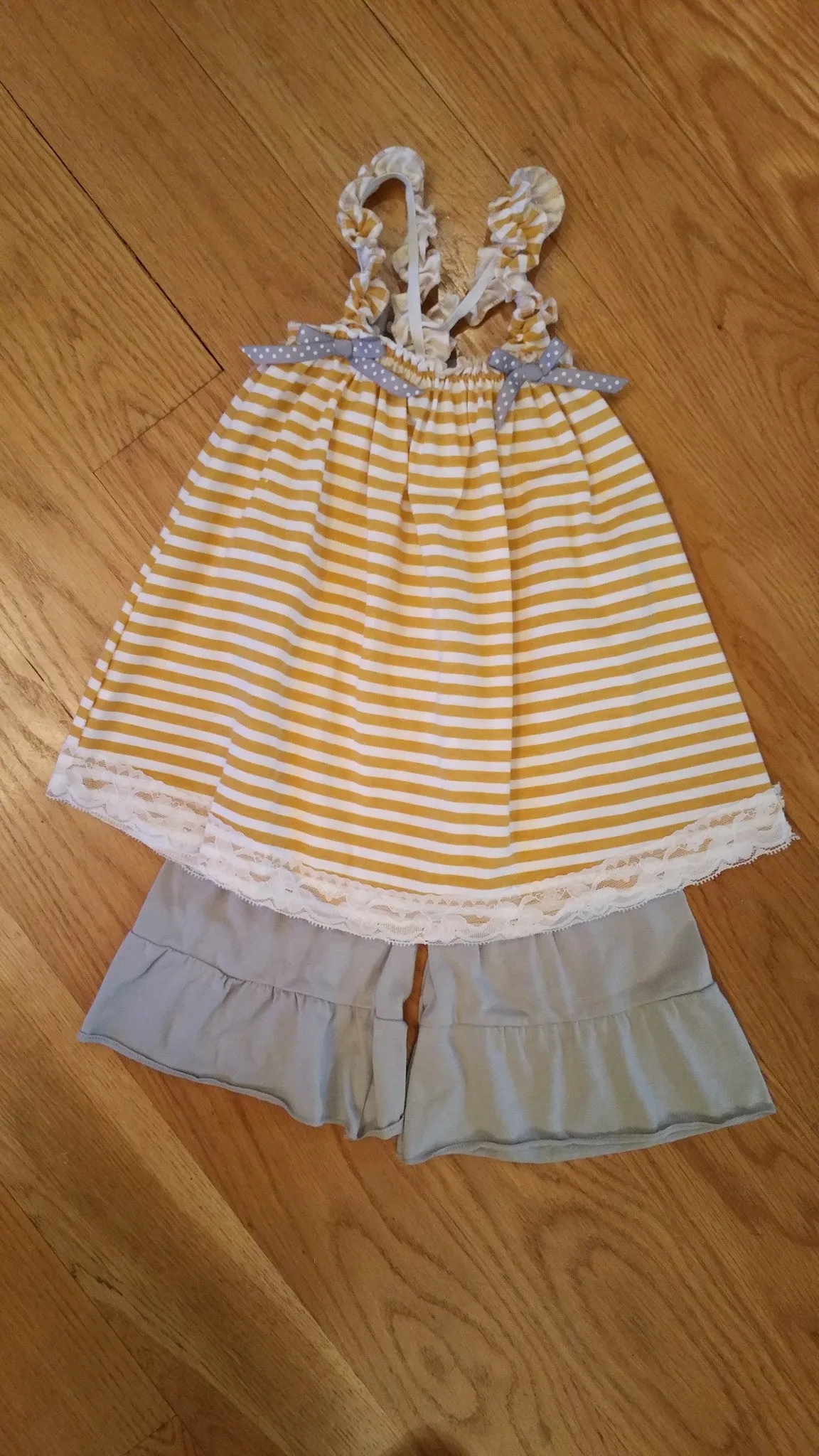 Yellow Striped Shirt with Grey Ruffled Shorts