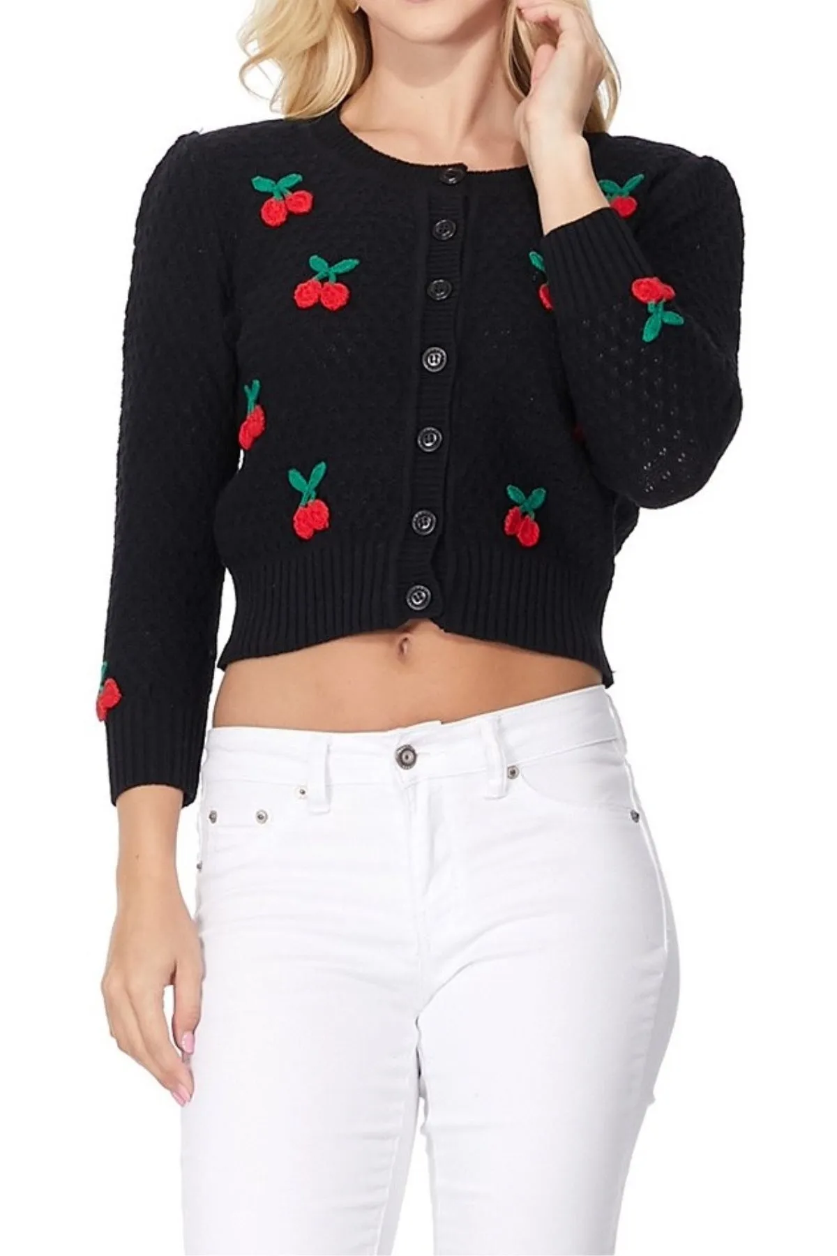 YEMAK Women's Cherry Pom Pom 3/4 Sleeve Cropped Honeycomb Knit Cardigan Sweater MK3515 (S-L)