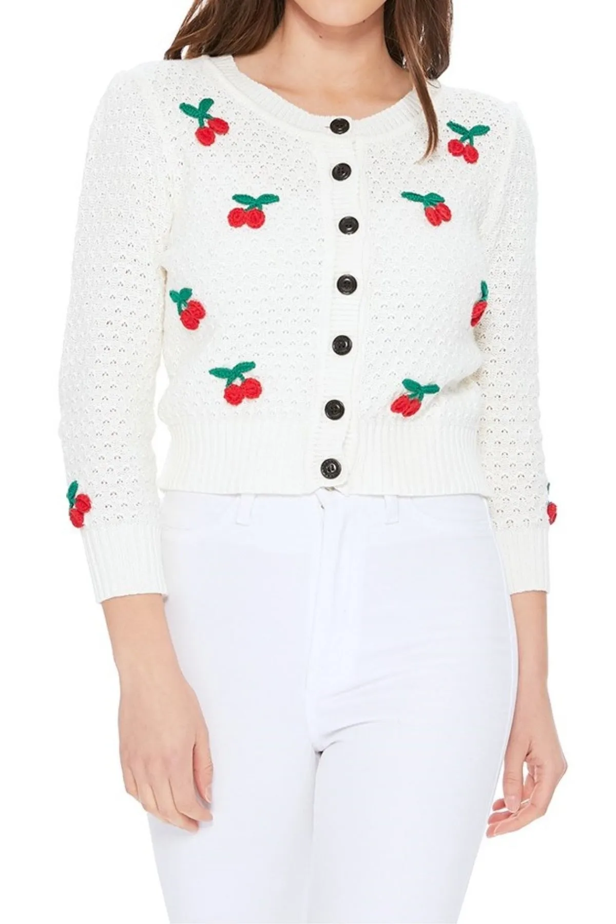 YEMAK Women's Cherry Pom Pom 3/4 Sleeve Cropped Honeycomb Knit Cardigan Sweater MK3515 (S-L)