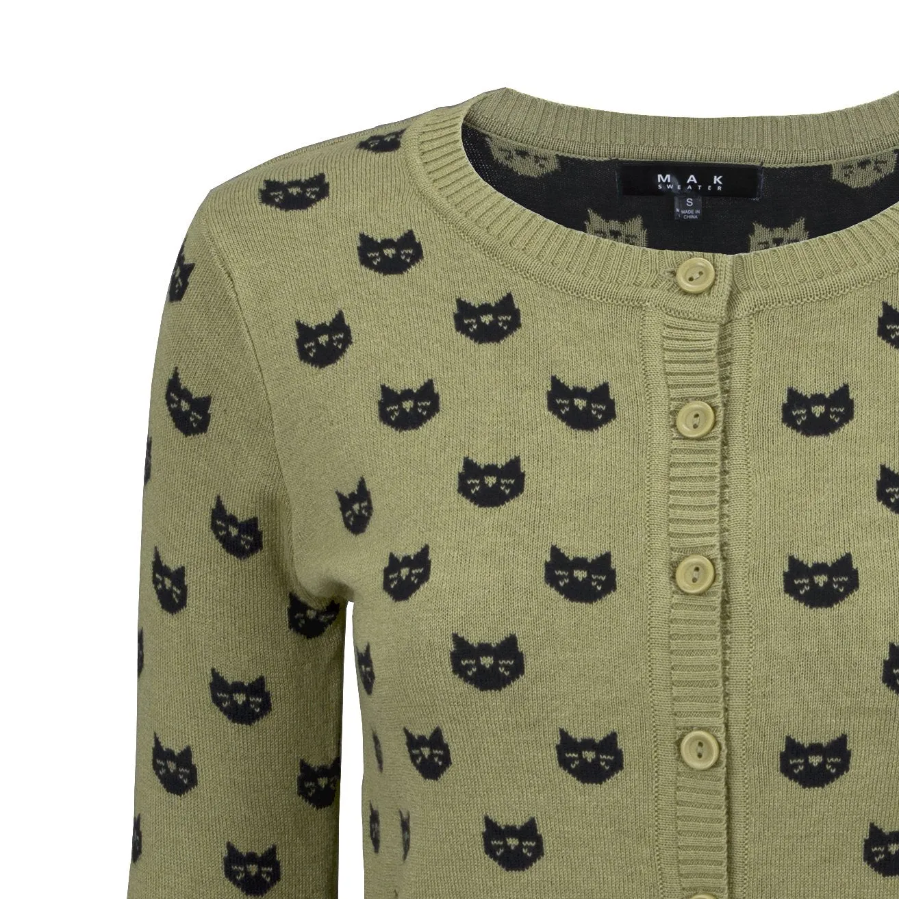 YEMAK Women's Cute Cat Pattern 3/4 Sleeve Button Down Stylish Cardigan Sweater MK3466