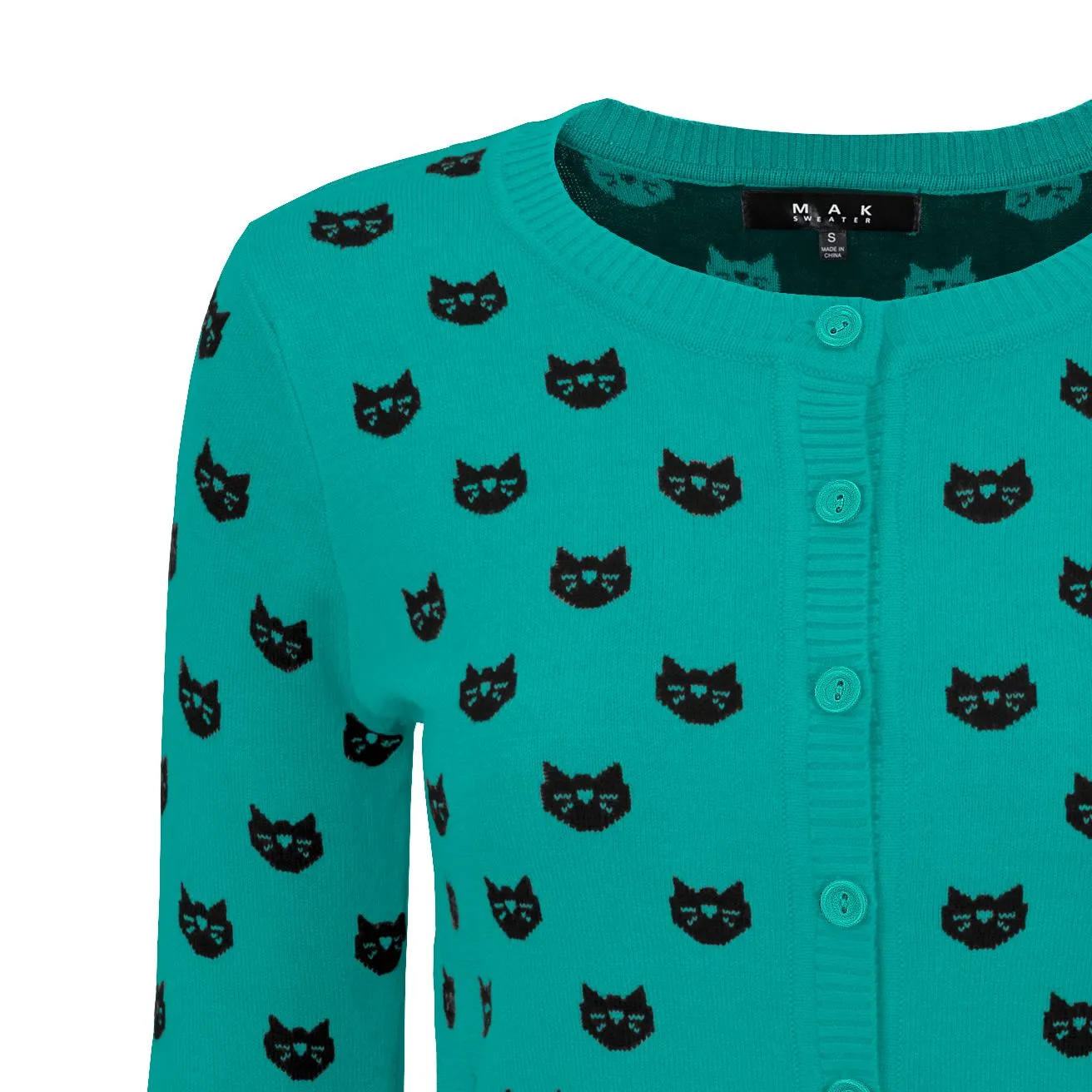 YEMAK Women's Cute Cat Pattern 3/4 Sleeve Button Down Stylish Cardigan Sweater MK3466