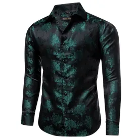 YourTies Men's Floral Shirt Long Sleeve Deep Green Jacquard Silk Shirt