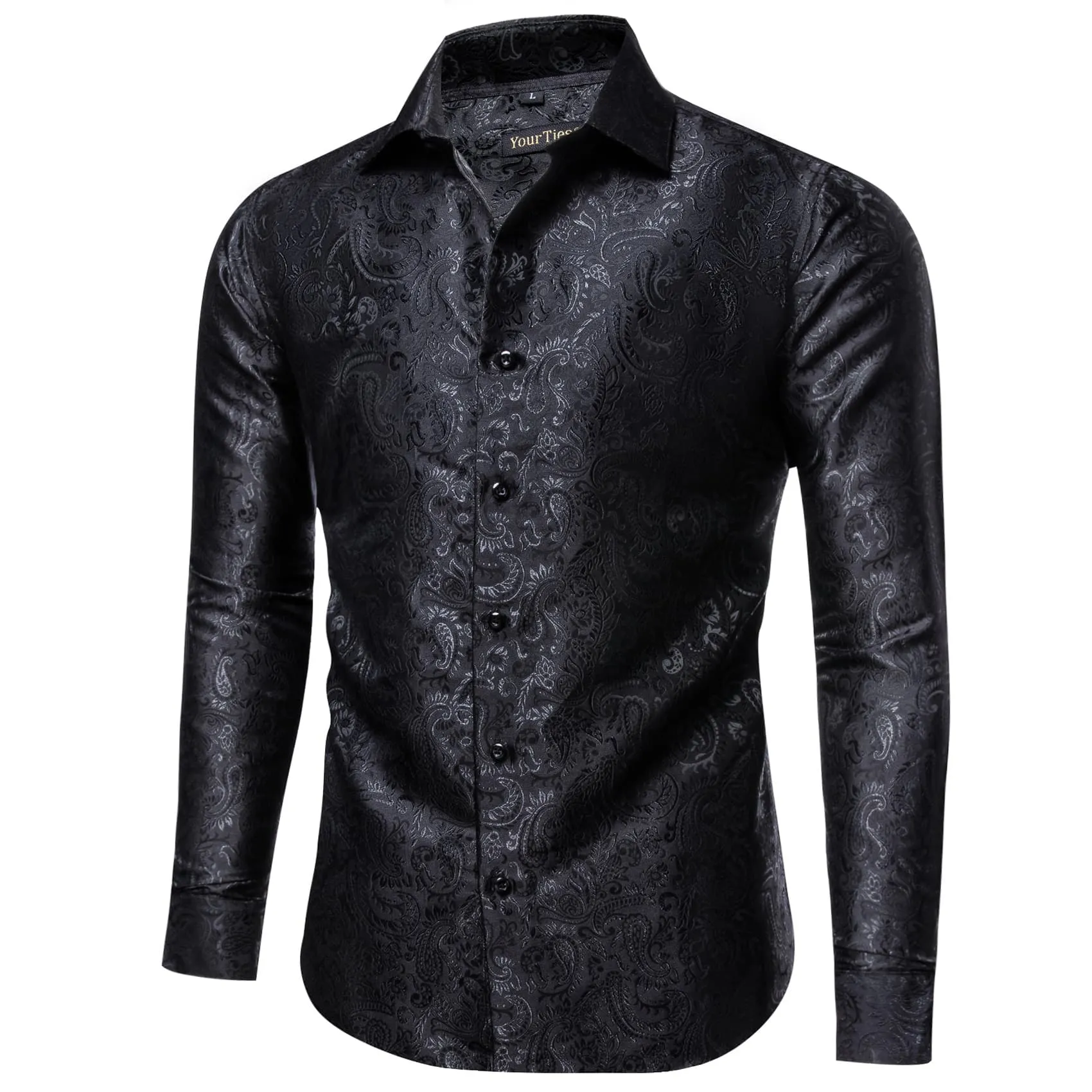 YourTies Windsor Collar Men's Dress Shirt Black Paisley Jacquard Top