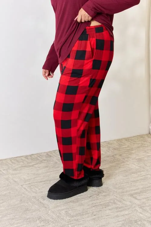 Zenana Full Size Plaid Round Neck Top and Pants Pajama Set