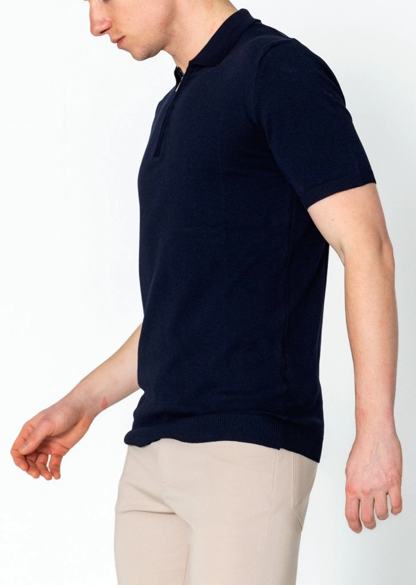 Zipper Closure Lightweight Polo Tee - Navy